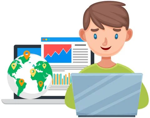 Concept of social networking with computer technologies young man communicating Illustrazione stock