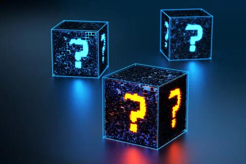 Concept of solving the issue. FAQ. Question mark on an abstract hi-tech cube. 3d Stock Photos
