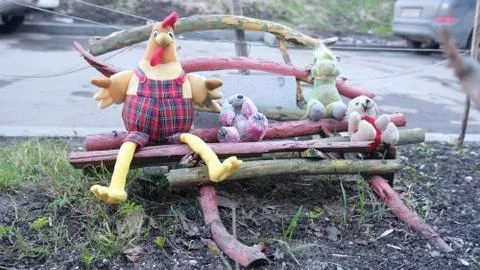 Concept spring composition of Lonely forgotten abandonedvintage toys sit on a Stock Photos