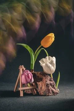 Concept spring. freakebana. three multi-colored tulips. motion blur Stock Photos