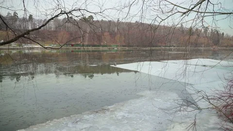 Concept of spring mood in the city on the eve of summer. Ice drift on river Stock Footage 73580595