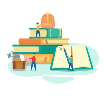 Concept with stack of books people characters. Flat design for infographics web Stock Illustration