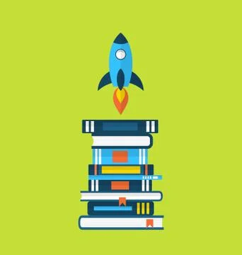 Concept of start up idea, flat icons of heap textbooks and rocket Stock Illustration