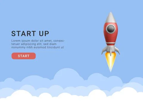 Concept for the start-up page. 3d rocket flying into space. Vector illustrati Stock Illustration