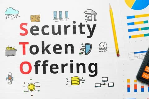 Concept sto or Security Token Offering with abstract icons. Stockfoto's