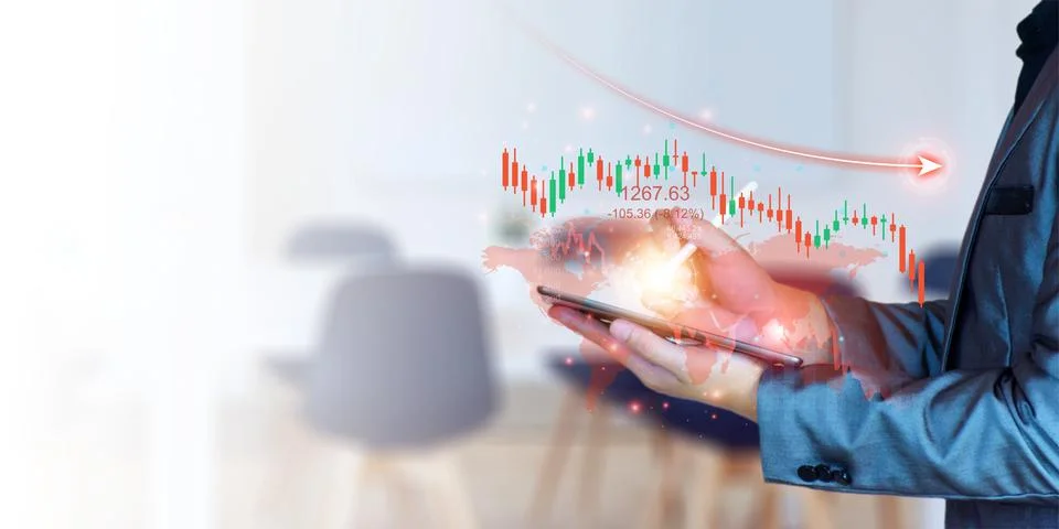 Concept, stock chart is falling during the global economic crisis. businessma Stock Photos