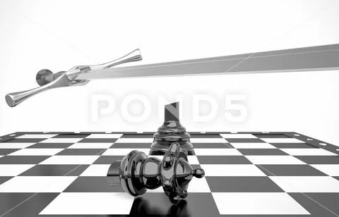 Concept. Strike a sword on the figure of the Queen on the chessboard. Stock Illustrationen