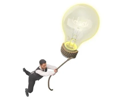 Concept of a successful idea The bulb pulls the person up 3d render on white Stock Illustration