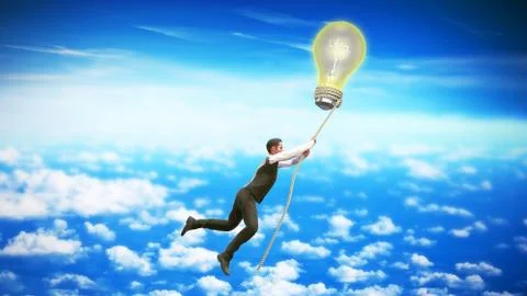 Concept of a successful idea A light bulb that pulls a man up 3d render on wh Stock Illustration