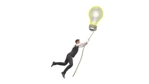 Concept of a successful idea A light bulb that pulls a man up 3d render on wh Stock Illustration