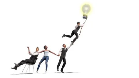 Concept of a successful team idea A light bulb that pulls people up 3d render Stock Illustration