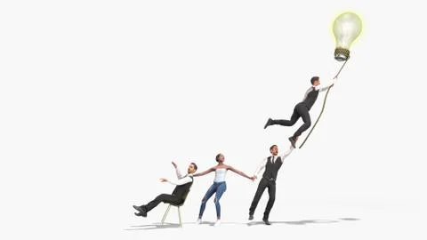 Concept of a successful team idea A light bulb that pulls people up 3d render Stock Illustration