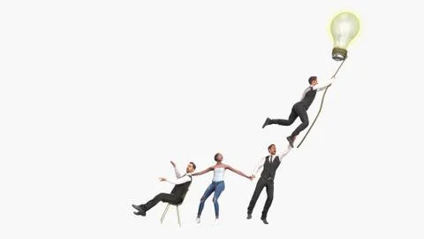 Concept of a successful team idea A light bulb that pulls people up 3d render Stock Illustration