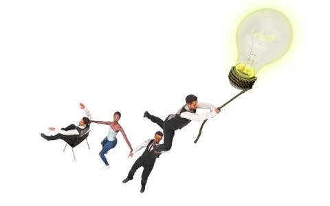 Concept of a successful team idea A light bulb that pulls people up 3d render Stock Illustration