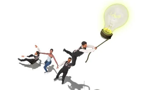 Concept of a successful team idea A light bulb that pulls people up 3d render Stock Illustration