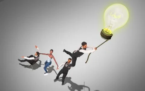 Concept of a successful team idea A light bulb that pulls people up 3d render Stock Illustration