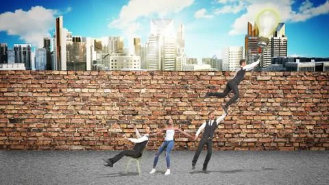 Concept of a successful team idea A light bulb that pulls people up 3d render Foto stock