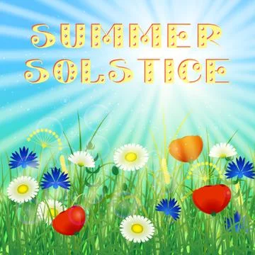 Concept Summer Solstice. Sky, blur, field grass, flower, sun, the lights of a Illustrazione stock