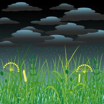 Concept Summer. Storm clouds, rain, herbs Stock Illustration