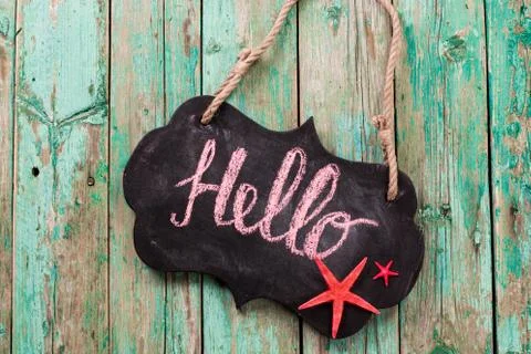 Concept of the summer time with fish star ,sea shells and chalkboard Stock Photos