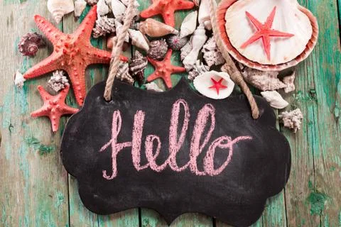 Concept of the summer time with fish star ,sea shells and chalkboard Stock Photos