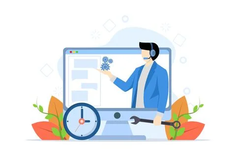 Concept of support staff helping to fix technical problem. Stock Illustration