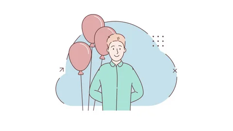 Concept of surprise or present. Man hiding gift behind his back. Red Balloons Stock Footage 329986563