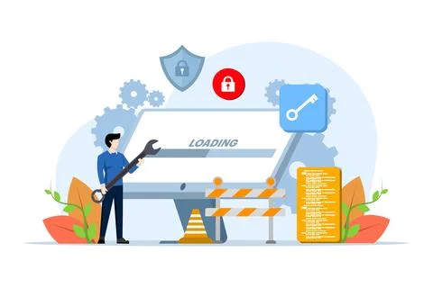 Concept of system maintenance, Errors, Fixing problems, Device updates. 스톡 일러스트