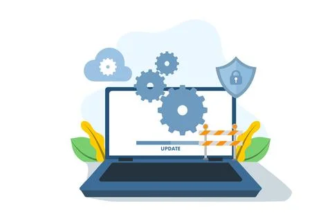 Concept of system maintenance, program and application update. Illustrazione stock