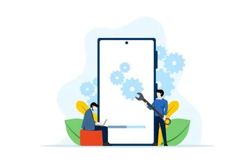 Concept of system maintenance, program and application update, technology. Stock Illustration