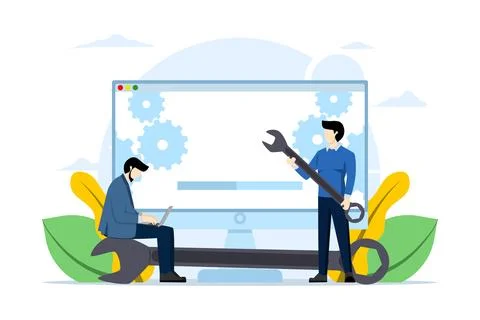 Concept of system maintenance, program and application update, technology. 스톡 일러스트