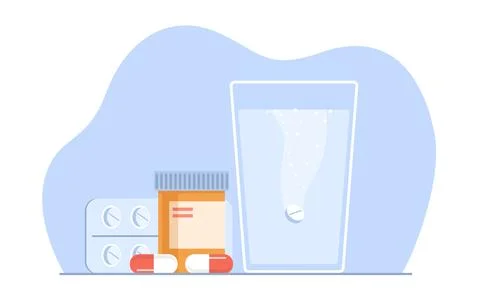 Concept of taking medication, tablet dissolving in glass of water. Medical Illustrazione stock