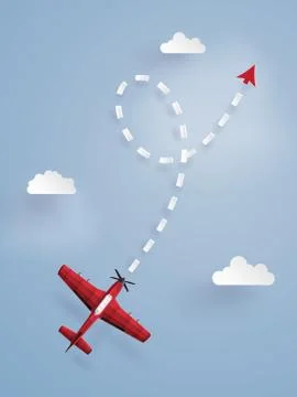 Concept of target ,red plane flying follow the arrow on the sky. Stock Illustration