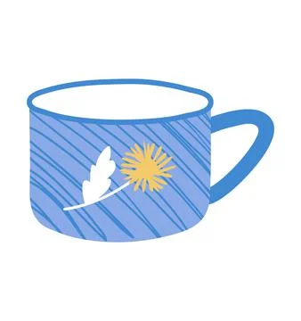 Concept tea, coffee cup icon, blue bowl with drawing branch flower flat vector Stock Illustration