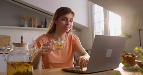Concept of tea lover good start work day distance online education surf internet Stock Footage 243363057