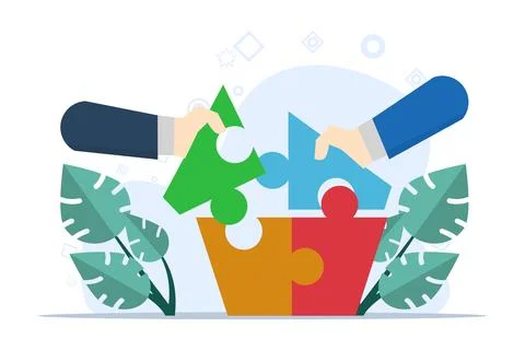 Concept of Teamwork in business, Setting Up Separate Puzzle Pieces. Illustrazione stock
