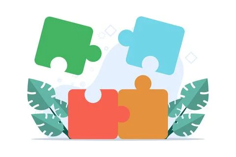 Concept of Teamwork in business, Setting Up Separate Puzzle Pieces. Stock Illustration