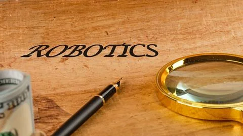 The concept of technology and development. Phrase, words, text ROBOTICS text  Stockfoto's
