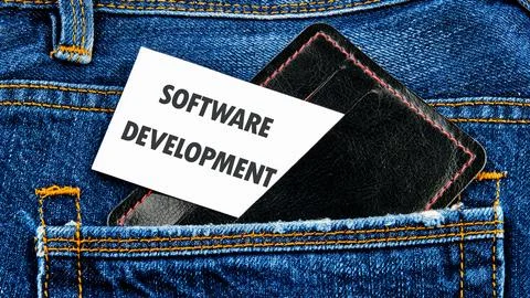 The concept of technology and development. Phrase, words, text SOFTWARE DEVEL Foto stock