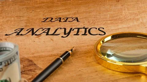 The concept of technology and development. Phrase, words, text DATA ANALYTICS Stockfoto's