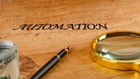 The concept of technology and development. Phrase, words, text AUTOMATION tex Stockfoto's