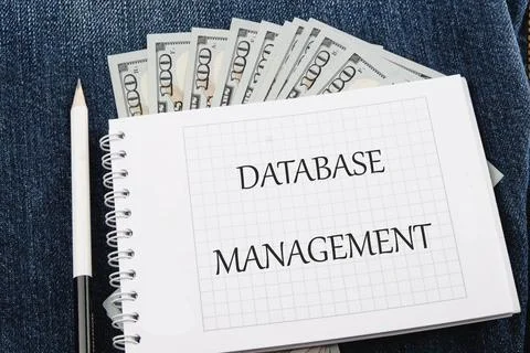 The concept of technology and development. Phrase, words, text DATABASE MANAG Stock Photos