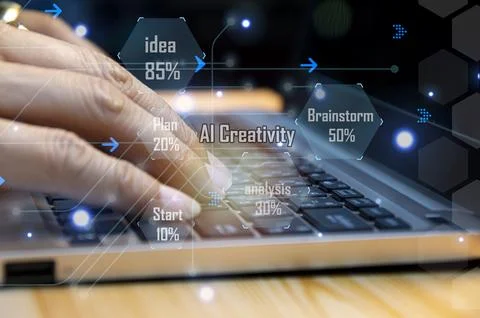 The concept of technology and people using AI to help with work. Learning A.. Stockfoto's