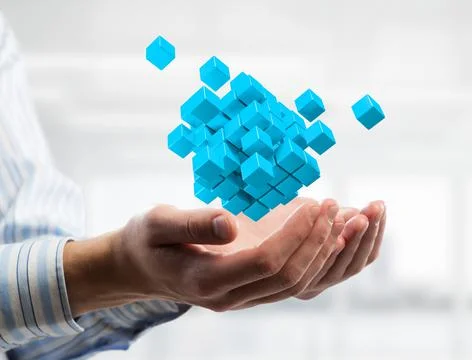 Concept of technology integration and innovation presented by cube figure. Mixed Stock Photos