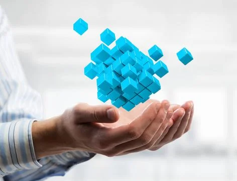 Concept of technology integration and innovation presented by cube figure.... Stock Photos