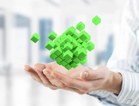 Concept of technology integration and innovation presented by cube figure.... Stock Photos