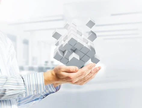 Concept of technology integration and innovation presented by cube figure.... Stock Photos