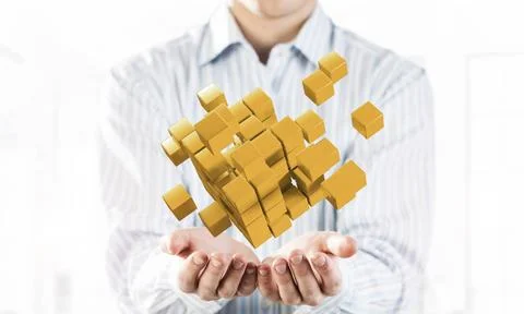 Concept of technology integration and innovation presented by cube figure.... Stock Photos
