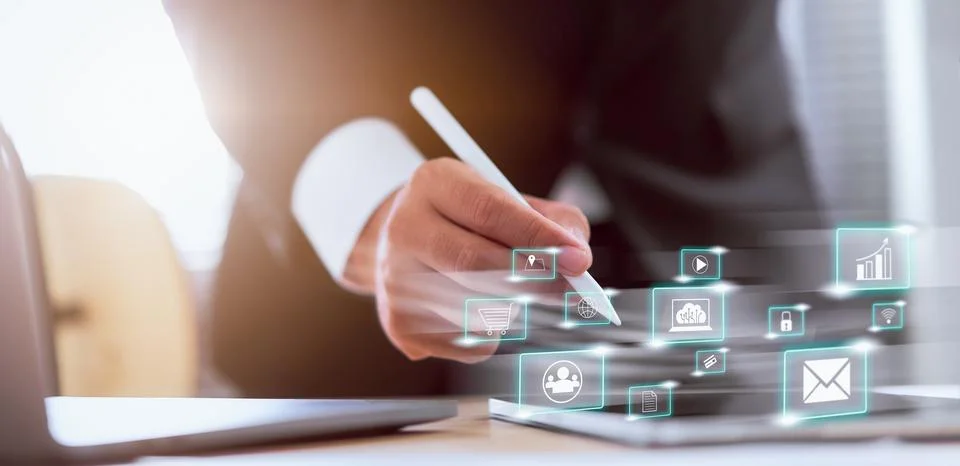 Concept technology internet and networking, businessman hand holding white .. Stock Photos