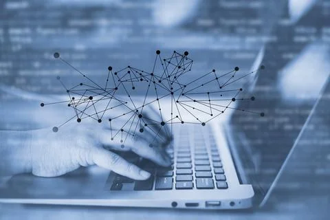 Concept Technology with Laptop. Hand using laptop with forex graph hologram,  Stock Photos